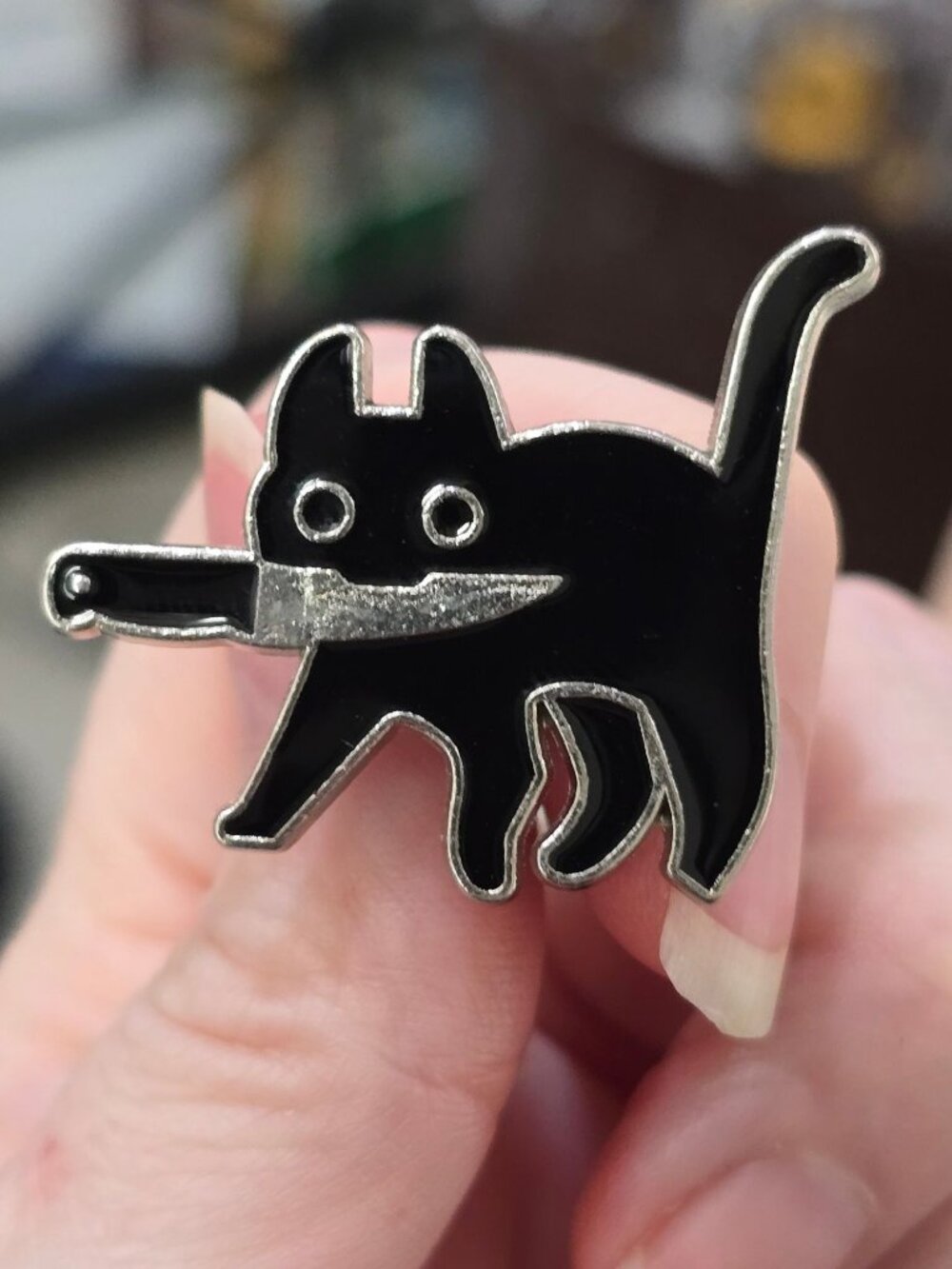 Cat ✦ Knife Enamel Pin ✦ Black White Gothic Cute Chaos Pet Familiar Accessory